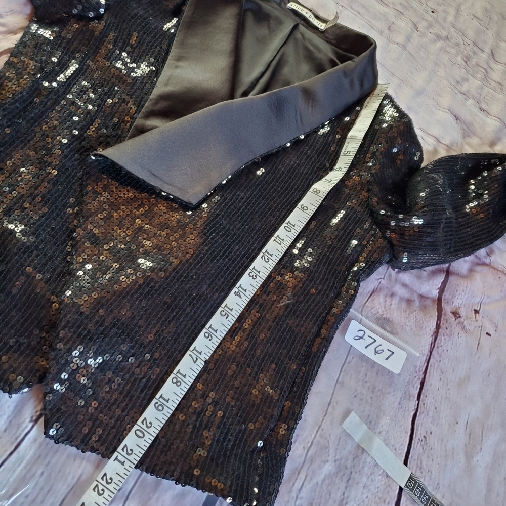 Alice + Olivia Black Warren Sequined Open Blazer Jacket Black Satin Collar Open - Picture 12 of 15